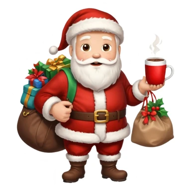 Санта клаус с мешком подарков за спиной и кружкой какао в руке sticker