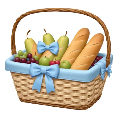 A white Picnic basket with pastel blue bow，contained baguettes and fruit, sticker