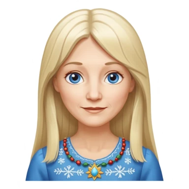50 yr old white woman, hippie parted very long hair, short bangs, very long straight blond hair, oval face, small smile, blue eyes, thin face, hair downback, hair parted at center of head, round cheeks, pale, longer hair, white christmas dress sticker