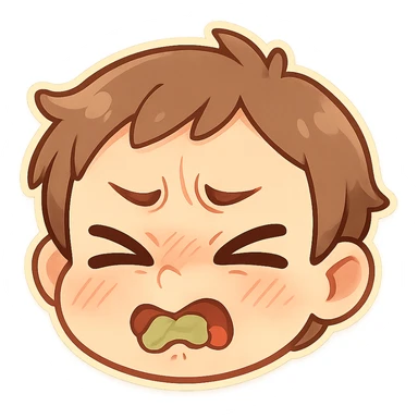 cartoon face with scrunched nose and wide eyes, showing regret after tasting something bad, no text sticker
