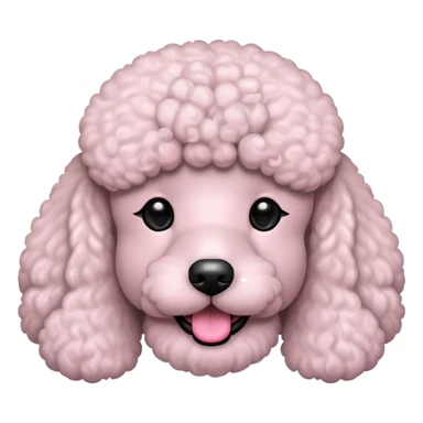 Minimalist cartoon-style poodle face emoji, front view, clean flat design, no shadows, no fur texture, round black eyes, small black nose, pink tongue, light grey or white fur, simple outline, in the style of iPhone emoji — not realistic, not detailed sticker