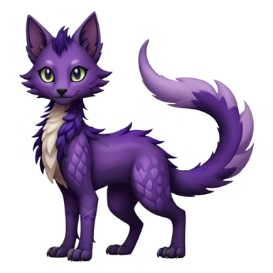 Kawaii dark purplish blackish edgy fantasy ethereal feline-vernid-sergal-fursona animal creature with a tufted tail full body with intricate markings  sticker