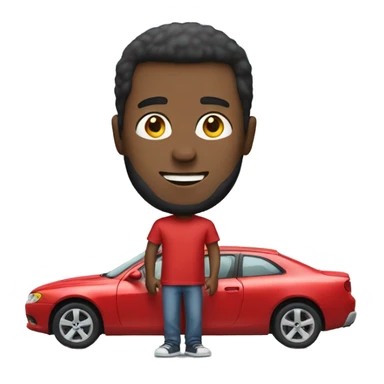 Man wearing a red tshirt holding a car sticker