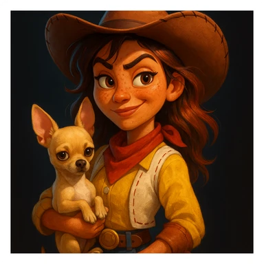 Portrait of a tanned female cowboy with freckles, brown hair with auburn highlights, rebellious and playful expression, Pixar art style, holding a beige-brown chihuahua, dark background, bright illustration, large expressive eyes, vivid colors sticker