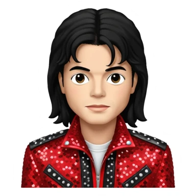 Michael Jackson with black long hair, red sequin jacket, black shirt, light skin sticker