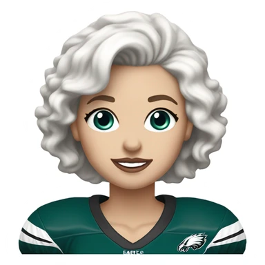 White female blue eyes light skin light lips white hair short hair wavy hair wearing Philadelphia eagles jersey cheering sticker