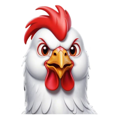 Cinematic Comical White Rooster Portrait Emoji, Head tilted dramatically with an exaggeratedly shocked or amused expression, featuring a striking pure white plumage with a bold red comb, wide, expressive eyes filled with playful disbelief, Simplified yet hilariously expressive features, highly detailed, glowing with a slightly sassy glow, high shine, dramatic yet playful, stylized with an air of cheeky mischief, bright and endearing, soft glowing outline, capturing the essence of a spirited and over-the-top rooster, so meme-worthy it feels like it could crow its way into internet fame instantly! sticker