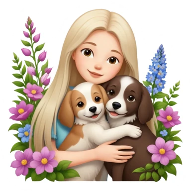 A beautiful girl with long straight hair happily hugs an Alaskan dog in the flowers sticker