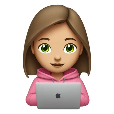 A girl with brown long hair, fair skin and green eyes, working at a modern laptop in a plain pink hoodie sticker