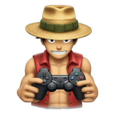 Homme peau claire, cheveux châtain en arrière, avec le chapeau de Luffy et une manette ps5 en main sticker
