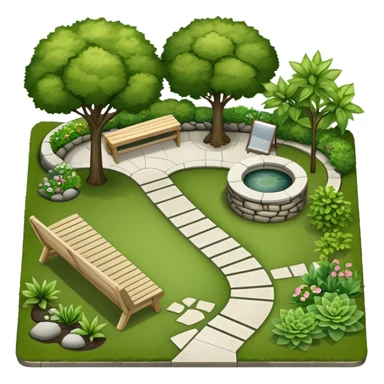 Icon for Landscape Design: a garden layout with trees, plants, pathways, and outdoor furniture, along with design tools like a ruler and sketchpad. The icon should represent the creativity and planning behind landscape design. Transparent background. sticker