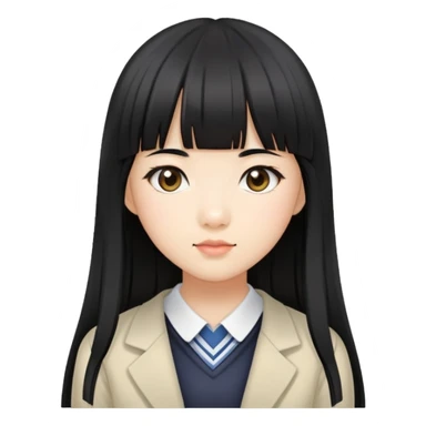 Asian schoolgirl with straight black hair, long length, and blunt bangs sticker