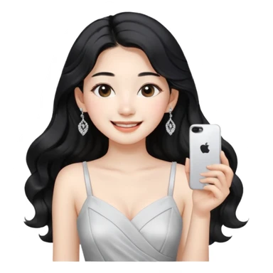 Korean 24-year-old female online shopping mall seller / white face / earrings / smiling expression / long wavy hair / influencer vibe / fashionable / black hair / silver earrings / white dress sticker