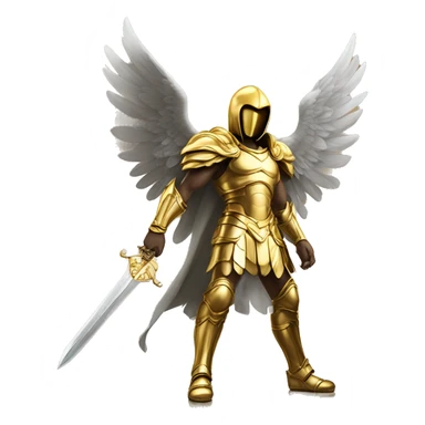 an archangel with golden wings in golden armor, in a golden hood, his face is not visible in the shadows, holding a golden sword in his hand, in full growth sticker