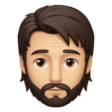 Handsome white man with big brown eyes long nose and dark brown messy hair cover his forhead and hair coming in eyes very small beard sticker
