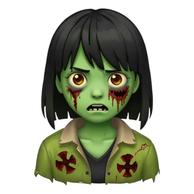 scary zombie emoji, green skin, medium black hair with bangs sticker