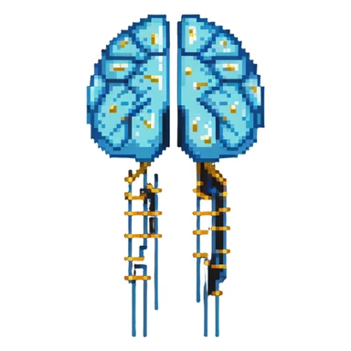 Pixel art of a pearlescent blue capsule floating in front of a brain with golden pixel pulses forming neural connections. A small liver icon nearby, all rotating in a pixelated aura of mental focus sticker