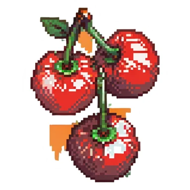 Pixel art of two shiny red cherries with green stem sticker