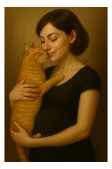 Make the girl's hair a little bit longer and put her in a black tight dress, keep her pregnant, with green eyes and a blonde cat. Maintain the original style and details of the image. sticker