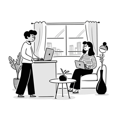 escenary 3d of a cozy mid-century living room with two people working on laptops, one man standing at a desk and one woman sitting on a couch sticker