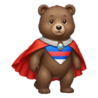 Medium-dark brown bear on all four legs with a sparkling diamond collar or necklace around its neck, Russian flag cape on its back sticker