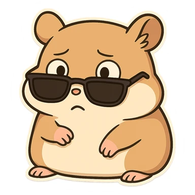 A hamster wearing sunglasses, the sunglasses have slipped down to the bottom of the eyes, the hamster has a dull look, is frightened, and looks incredulous sticker