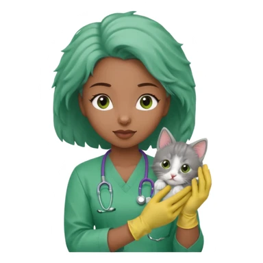 Young black female vet – scrubs, gloves, examining kitten. sticker