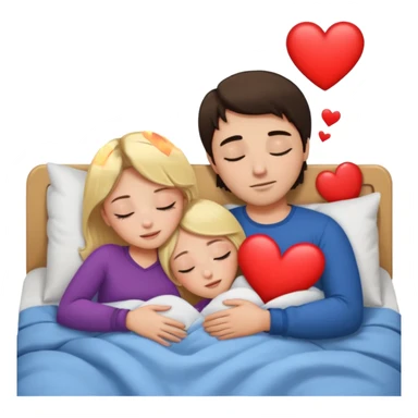 cuddling in bed, asleep. blonde girl. brunette man. eyes closed. heart between them. sticker