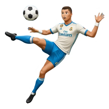Ronaldo doing a bicycle kick with football in mid air While wearing a Retro blue Real madrid kit and yes i want it to be exactly the same as he Scored it in 2018 vs Juventus and please make it Realistic  sticker