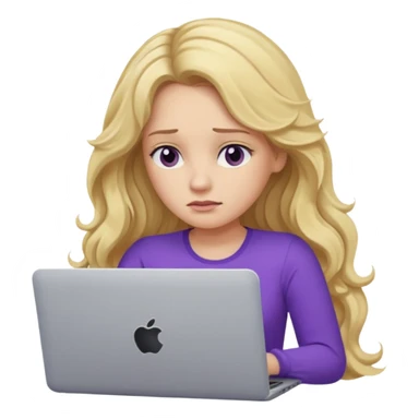 lady with long blonde wavy hair, purple top throwing her with a laptop looking tired sticker