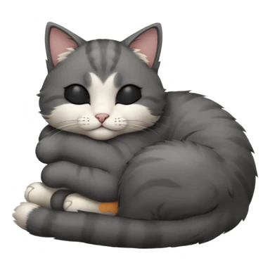 dark grey and white small cat with closed eyes, leaning his head on his paw while leaning on his elbow lying down sticker