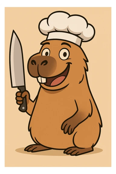 Add a chef hat to the cartoon capybara with a chef's knife, keeping it smiling and friendly. sticker