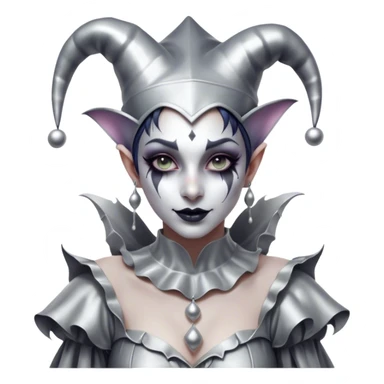 Cinematic girl in the style of a Jester, Ultra realistic 32k HD, Breathtaking piece of art, rim lighting, hauntingly beautiful art, mostly greyscale, Balanced features, highly detailed digital artwork, glowing with silver light, glowing, high shine, deviant adoptable, highly detailed clothing, remembrance, a painting of white silver, fanciful, enchanting, ghostly, embodying the essence of both reality and fantasy, dreamy, dreamy glow, optical illusion, immaculate composition, complex pose, air composition. The image is so lifelike that it feels as though it could leap off the canvas at any moment sticker