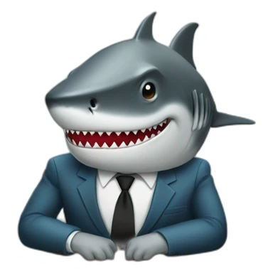 A shark sitting at a table wearing a suit looking straight sticker