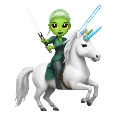 a unicorn with a green alien woman on it holding a lightsaber sticker
