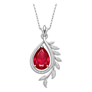 teardrop ruby pendant with fiery light, tiny phoenix feather, shimmering white stones, silver chain, ethereal and powerful rebirth theme sticker