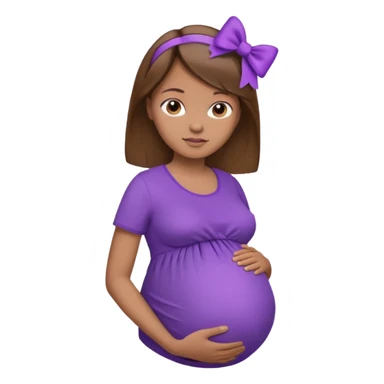 Brown Hair, straight, light brown skin, purple shirt, pregant, head, neck and abdomen only, purble bow in hair sticker