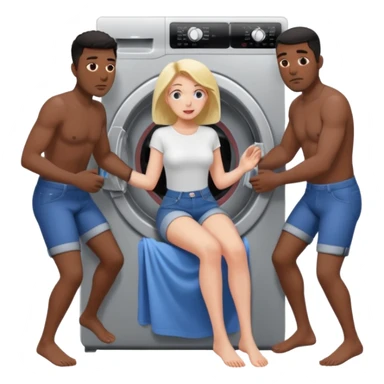 Eine Frau steckt bis zum Bauch in einer Waschmaschine fest und nur die Beine gucken raus und zwei schwarze männer ziehen an ihren Beinen um sie raus zu holen  sticker