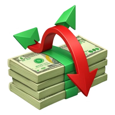 stack of banknotes with a red arrow pointing down sticker