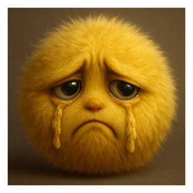 a realistic yellow fur ball face, sad and envious, with furry tears and expressive eyes sticker