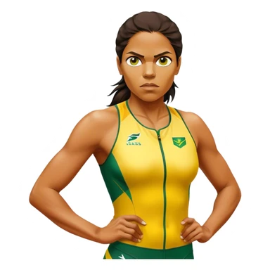 Cinematic Realistic portrait of Cathy Freeman, shown as an iconic Australian sprinter with a focused, determined expression and modern athletic yellow and green attire accented with subtle native motifs, rendered in dynamic, vibrant lighting sticker