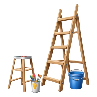 Wall painting icon. An unfinished painting painted on a white wall with no frame, visible paintbrushes, rollers, and a bucket of paint, wooden ladder beside, minimalistic style, clean lines, transparent background. sticker