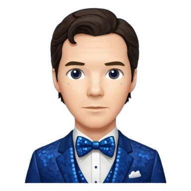 Benedict Cumberbatch with dark brown hair, indigo sequin suit with bow tie sticker