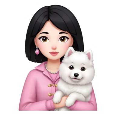 black-haired girl in pink Chanel style outfit with white Samoyed dog sticker