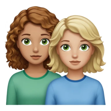 À girl with wavy brown hair, light tan skin and green eyes and freckles next to a girl with short blonde wavy hair, tan skin and light blue eyes sticker