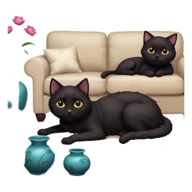 schwarze Katze auf dem Sofa mit unschuligem Blick und Hund auf dem Boden vor einer zerbrochenen Vase - Zimmer ist verwüstet, Kissen liegen unten sticker