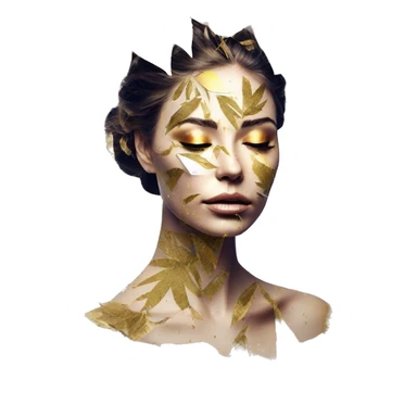  Hemp 420 lady face melting gold drizzle kintsugi multicoloured funky palm leaves tropical made of 420 origami newspaper roses hemp leaves bokeh and paper and hemp leaves in hair sticker