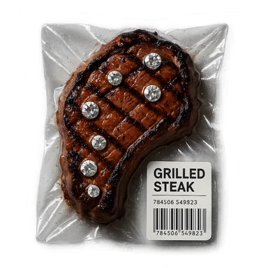 grilled steak with scattered diamonds, glossy, vacuum-sealed style sticker