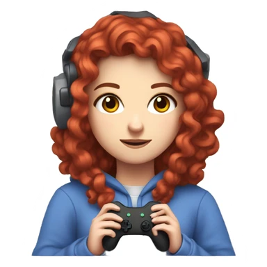 a white girl with long red curly hair, wearing periwinkle Minecraft hoodie holding a controller sticker