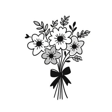 A beautiful bouquet of mixed flowers with ribbon in pastel colors (dd9fb0, ffc6d3, a3bfc9, c4bee2, f1b091), hand-drawn doodle style sticker